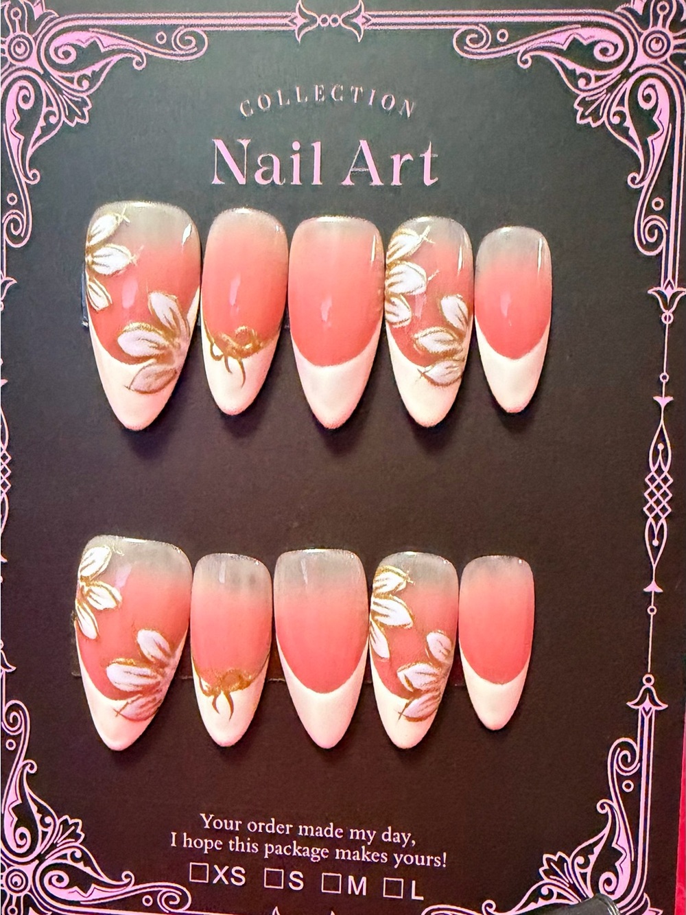 Collection B Pink and White Floral Ombre Nail Set with Gold Accents